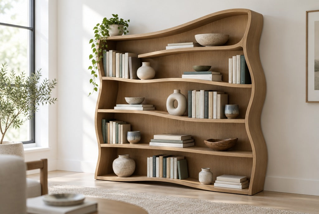 A flowing wavy solid wood bookshelf with books and ceramics against a soft white wall in a bright room