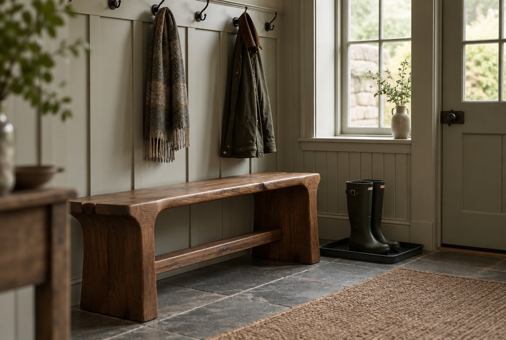 A sculptural solid wood bench in a colonial mudroom with coat hooks, a wool scarf and rain boots on a boot tray