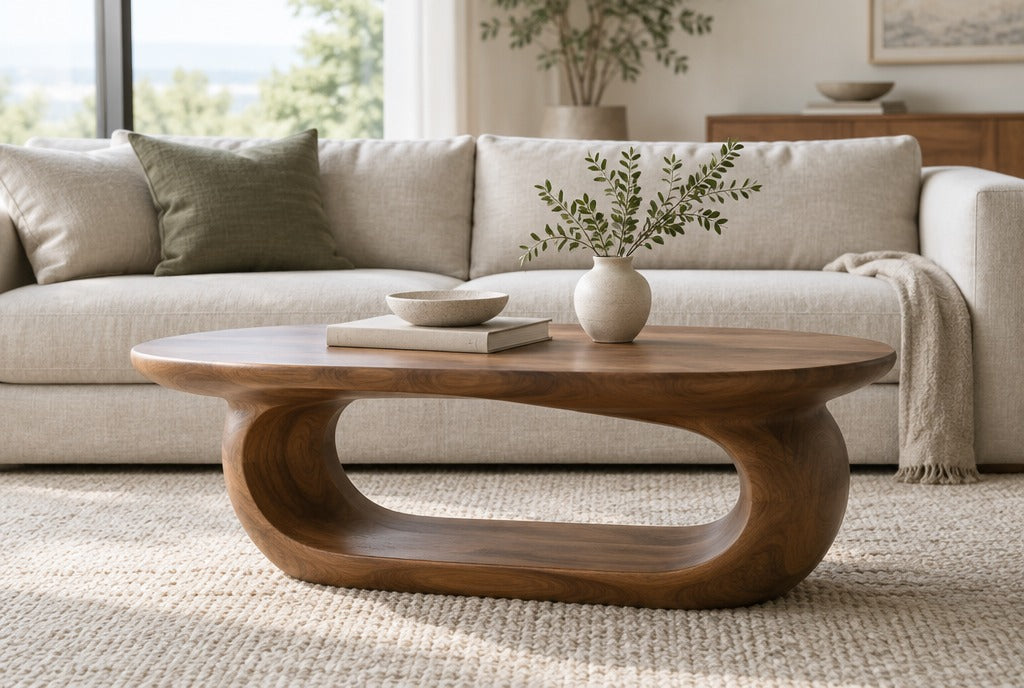 A sculptural solid wood coffee table with an open loop base on a wool rug in front of a linen sofa in a bright room
