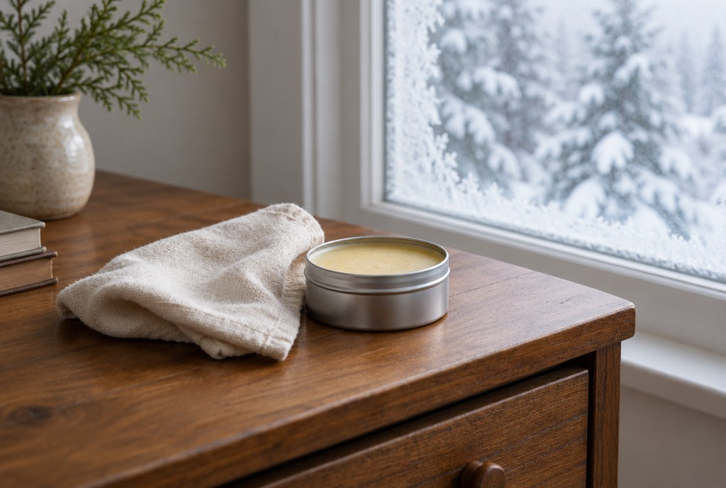 A soft cloth and a tin of furniture wax on a solid wood nightstand beside a frosty window with snowy trees outside