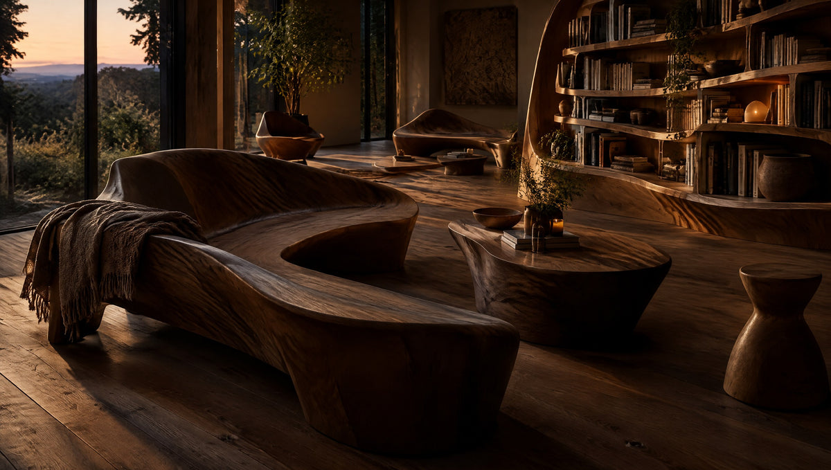 A light-filled wood studio with sculptural benches, curved bookshelves and coffee tables