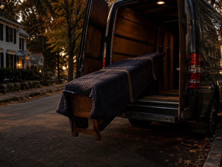 A blanket-wrapped solid wood bench loaded into a delivery van on a New England village street
